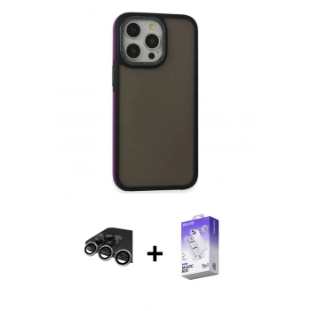 MARSİLYAN™- iPhone 14 Pro Max Kılıf Eksen Işık - Siyah Bilvis 5in1 3D Magic Cam Ekran Koruyucu + Raze Metal Kamera Lens - GS