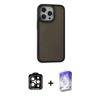 MARSİLYAN™- iPhone 14 Pro Max Kılıf Eksen Işık - Siyah Bilvis 5in1 3D Magic Cam Ekran Koruyucu + PVD Metal Kamera Lens - TU