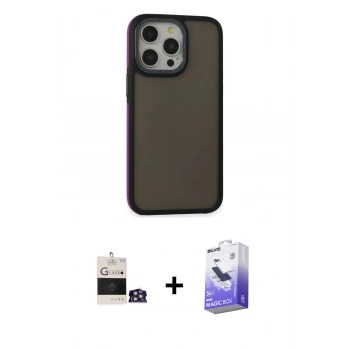 MARSİLYAN™- iPhone 14 Pro Max Kılıf Eksen Işık - Siyah Bilvis 5in1 5D Magic Hayalet Cam Ekran Koruyucu + Bilvis Titan Kamera Lens - GS