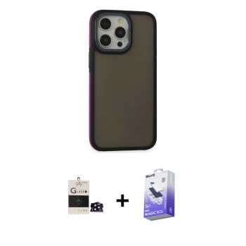 MARSİLYAN™- iPhone 14 Pro Max Kılıf Eksen Işık - Siyah Bilvis 5in1 5D Magic Hayalet Cam Ekran Koruyucu + Bilvis Titan Kamera Lens - SH