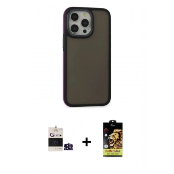 MARSİLYAN™- iPhone 14 Pro Max Kılıf Eksen Işık - Siyah Buffer Cam Ekran Koruyucu + Bilvis Titan Kamera Lens - DNMR