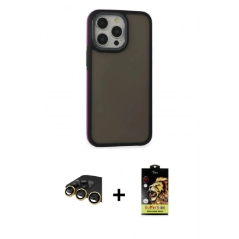 MARSİLYAN™- iPhone 14 Pro Max Kılıf Eksen Işık - Siyah Buffer Cam Ekran Koruyucu + Raze Metal Kamera Lens - GD