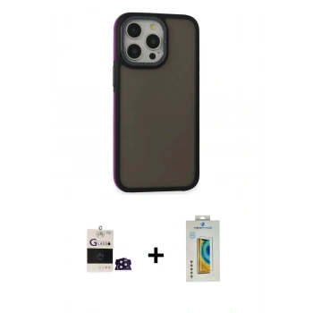 MARSİLYAN™- iPhone 14 Pro Max Kılıf Eksen Işık - Siyah Polymer Nano Ekran Koruyucu + Bilvis Titan Kamera Lens - DNMR