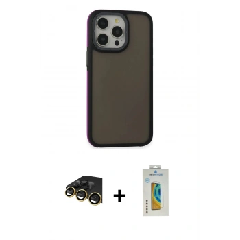 MARSİLYAN™- iPhone 14 Pro Max Kılıf Eksen Işık - Siyah Polymer Nano Ekran Koruyucu + Raze Metal Kamera Lens - GD