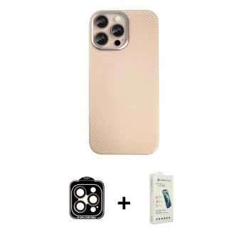 MARSİLYAN™- iPhone 14 Pro Max Kılıf Eksen Prime - Şeffaf Pasifik Cam Ekran Koruyucu + PVD Metal Kamera Lens - TU