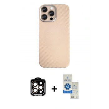 MARSİLYAN™- iPhone 14 Pro Max Kılıf Eksen Prime - Şeffaf Royal Nano Ekran Koruyucu + PVD Metal Kamera Lens - TU