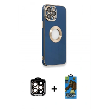 MARSİLYAN™- iPhone 14 Pro Max Kılıf İz Form Serisi - Siyah 18D Cam Ekran Koruyucu + PVD Metal Kamera Lens - TU