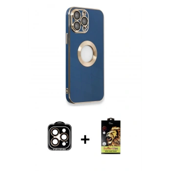 MARSİLYAN™- iPhone 14 Pro Max Kılıf İz Form Serisi - Siyah Buffer Cam Ekran Koruyucu + PVD Metal Kamera Lens - TU