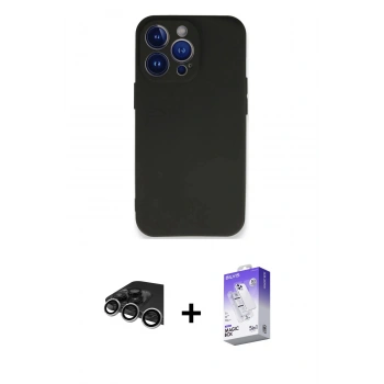 MARSİLYAN™- iPhone 14 Pro Max Kılıf Kozmos Yansıma Özel Seri - Siyah Bilvis 5in1 3D Magic Cam Ekran Koruyucu + Raze Metal Kamera Lens - GS