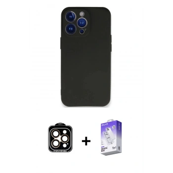 MARSİLYAN™- iPhone 14 Pro Max Kılıf Kozmos Yansıma Özel Seri - Siyah Bilvis 5in1 3D Magic Cam Ekran Koruyucu + PVD Metal Kamera Lens - TU