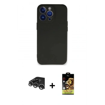 MARSİLYAN™- iPhone 14 Pro Max Kılıf Kozmos Yansıma Özel Seri - Siyah Buffer Cam Ekran Koruyucu + Raze Metal Kamera Lens - GS