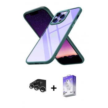MARSİLYAN™- iPhone 14 Pro Max Kılıf Nova Işık Serisi - Siyah Bilvis 5in1 3D Magic Cam Ekran Koruyucu + Raze Metal Kamera Lens - GS
