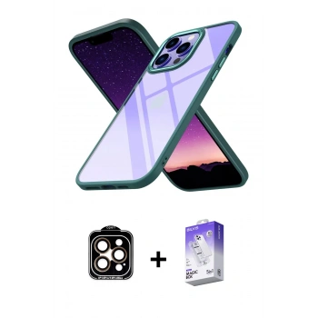 MARSİLYAN™- iPhone 14 Pro Max Kılıf Nova Işık Serisi - Siyah Bilvis 5in1 3D Magic Cam Ekran Koruyucu + PVD Metal Kamera Lens - TU