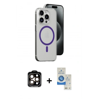 MARSİLYAN™- iPhone 14 Pro Max Kılıf Odak Form Özel Seri - Şeffaf Royal Nano Ekran Koruyucu + PVD Metal Kamera Lens - TU