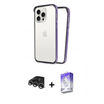 MARSİLYAN™- iPhone 14 Pro Max Kılıf Pusula Asil Koleksiyonu - Siyah Bilvis 5in1 3D Magic Cam Ekran Koruyucu + Raze Metal Kamera Lens - GS