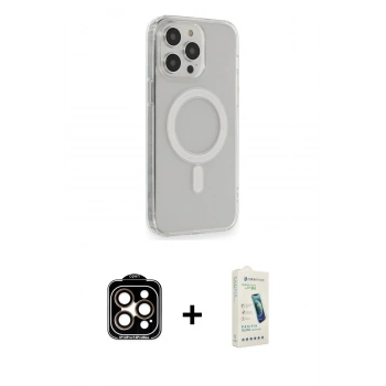 MARSİLYAN™- iPhone 14 Pro Max Kılıf Pusula Çizgi Koleksiyonu - Şeffaf Pasifik Cam Ekran Koruyucu + PVD Metal Kamera Lens - TU