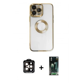 MARSİLYAN™- iPhone 14 Pro Max Kılıf Pusula Form - Şeffaf 360 Full Body Arka Koruyucu + PVD Metal Kamera Lens - TU