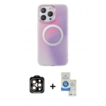 MARSİLYAN™- iPhone 14 Pro Max Kılıf Pusula Form - Şeffaf Royal Nano Ekran Koruyucu + PVD Metal Kamera Lens - TU