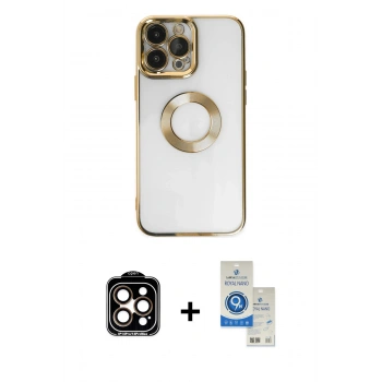 MARSİLYAN™- iPhone 14 Pro Max Kılıf Pusula Form - Şeffaf Royal Nano Ekran Koruyucu + PVD Metal Kamera Lens - TU