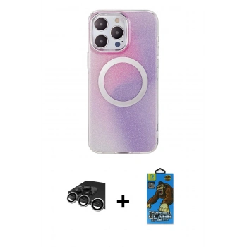 MARSİLYAN™- iPhone 14 Pro Max Kılıf Pusula Form - Siyah 18D Cam Ekran Koruyucu + Raze Metal Kamera Lens - GS