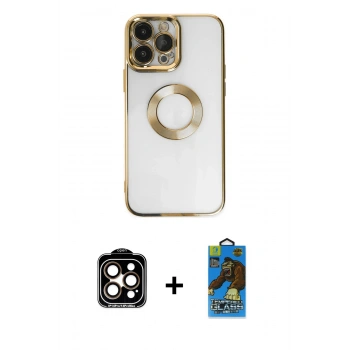 MARSİLYAN™- iPhone 14 Pro Max Kılıf Pusula Form - Siyah 18D Cam Ekran Koruyucu + PVD Metal Kamera Lens - TU