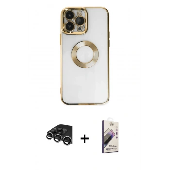 MARSİLYAN™- iPhone 14 Pro Max Kılıf Pusula Form - Siyah Bilvis 3D Mat Cam Ekran Koruyucu + Raze Metal Kamera Lens - GS