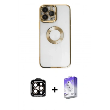 MARSİLYAN™- iPhone 14 Pro Max Kılıf Pusula Form - Siyah Bilvis 5in1 3D Magic Cam Ekran Koruyucu + PVD Metal Kamera Lens - TU