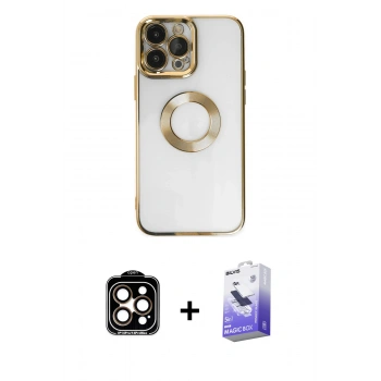 MARSİLYAN™- iPhone 14 Pro Max Kılıf Pusula Form - Siyah Bilvis 5in1 5D Magic Hayalet Cam Ekran Koruyucu + PVD Metal Kamera Lens - TU