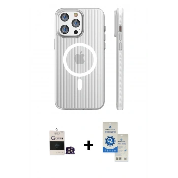 MARSİLYAN™- iPhone 14 Pro Max Kılıf Pusula Minimal Koleksiyonu - Şeffaf Royal Nano Ekran Koruyucu + Bilvis Titan Kamera Lens - GD