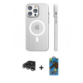 MARSİLYAN™- iPhone 14 Pro Max Kılıf Pusula Minimal Koleksiyonu - Siyah 18D Cam Ekran Koruyucu + Raze Metal Kamera Lens - GS