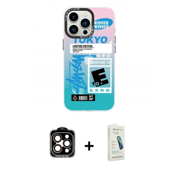 MARSİLYAN™- iPhone 14 Pro Max Kılıf Siluet Çizgi Koleksiyonu - Şeffaf Pasifik Cam Ekran Koruyucu + PVD Metal Kamera Lens - TU