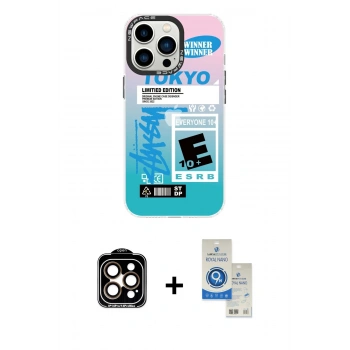 MARSİLYAN™- iPhone 14 Pro Max Kılıf Siluet Çizgi Koleksiyonu - Şeffaf Royal Nano Ekran Koruyucu + PVD Metal Kamera Lens - TU