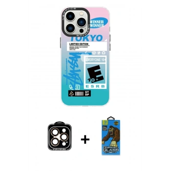 MARSİLYAN™- iPhone 14 Pro Max Kılıf Siluet Çizgi Koleksiyonu - Siyah 18D Cam Ekran Koruyucu + PVD Metal Kamera Lens - TU