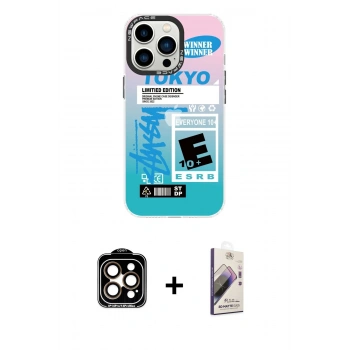 MARSİLYAN™- iPhone 14 Pro Max Kılıf Siluet Çizgi Koleksiyonu - Siyah Bilvis 3D Mat Cam Ekran Koruyucu + PVD Metal Kamera Lens - TU