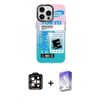 MARSİLYAN™- iPhone 14 Pro Max Kılıf Siluet Çizgi Koleksiyonu - Siyah Bilvis 5in1 3D Magic Cam Ekran Koruyucu + PVD Metal Kamera Lens - TU
