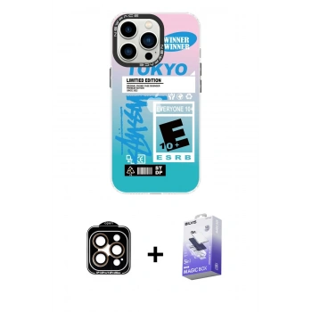MARSİLYAN™- iPhone 14 Pro Max Kılıf Siluet Çizgi Koleksiyonu - Siyah Bilvis 5in1 5D Magic Hayalet Cam Ekran Koruyucu + PVD Metal Kamera Lens - TU
