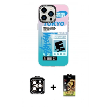 MARSİLYAN™- iPhone 14 Pro Max Kılıf Siluet Çizgi Koleksiyonu - Siyah Buffer Cam Ekran Koruyucu + PVD Metal Kamera Lens - TU