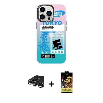 MARSİLYAN™- iPhone 14 Pro Max Kılıf Siluet Çizgi Koleksiyonu - Siyah Buffer Cam Ekran Koruyucu + Raze Metal Kamera Lens - GS