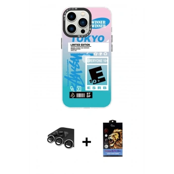 MARSİLYAN™- iPhone 14 Pro Max Kılıf Siluet Çizgi Koleksiyonu - Siyah Buffer Hayalet Cam Ekran Koruyucu + Raze Metal Kamera Lens - GS