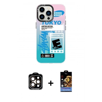 MARSİLYAN™- iPhone 14 Pro Max Kılıf Siluet Çizgi Koleksiyonu - Siyah Buffer Hayalet Cam Ekran Koruyucu + PVD Metal Kamera Lens - TU