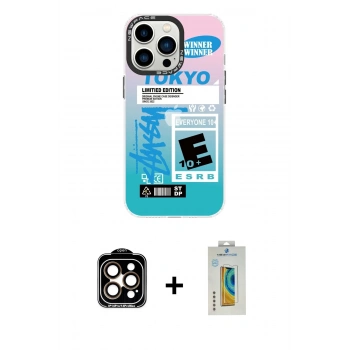 MARSİLYAN™- iPhone 14 Pro Max Kılıf Siluet Çizgi Koleksiyonu - Siyah Polymer Nano Ekran Koruyucu + PVD Metal Kamera Lens - TU