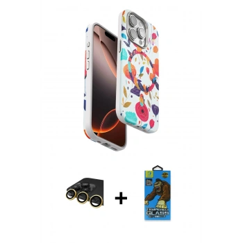 MARSİLYAN™- iPhone 14 Pro Max Kılıf Siluet Doku - Siyah 18D Cam Ekran Koruyucu + Raze Metal Kamera Lens - GD