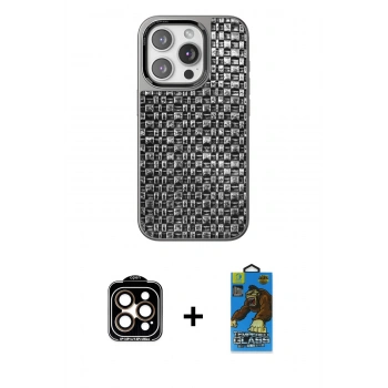 MARSİLYAN™- iPhone 14 Pro Max Kılıf Siluet Form Serisi - Siyah 18D Cam Ekran Koruyucu + PVD Metal Kamera Lens - TU