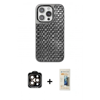 MARSİLYAN™- iPhone 14 Pro Max Kılıf Siluet Form Serisi - Siyah 6D Mat Seramik Hayalet Nano Ekran Koruyucu + PVD Metal Kamera Lens - TU