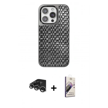 MARSİLYAN™- iPhone 14 Pro Max Kılıf Siluet Form Serisi - Siyah Bilvis 3D Mat Cam Ekran Koruyucu + Raze Metal Kamera Lens - GS