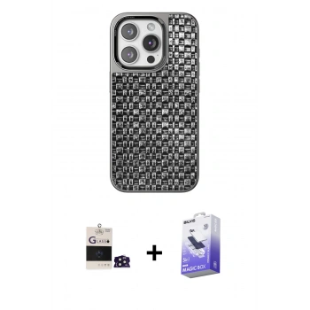 MARSİLYAN™- iPhone 14 Pro Max Kılıf Siluet Form Serisi - Siyah Bilvis 5in1 5D Magic Hayalet Cam Ekran Koruyucu + Bilvis Titan Kamera Lens - DNMR