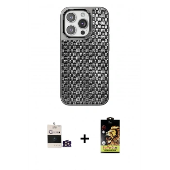 MARSİLYAN™- iPhone 14 Pro Max Kılıf Siluet Form Serisi - Siyah Buffer Cam Ekran Koruyucu + Bilvis Titan Kamera Lens - GD