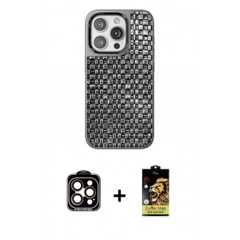 MARSİLYAN™- iPhone 14 Pro Max Kılıf Siluet Form Serisi - Siyah Buffer Cam Ekran Koruyucu + PVD Metal Kamera Lens - TU