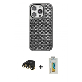 MARSİLYAN™- iPhone 14 Pro Max Kılıf Siluet Form Serisi - Siyah Polymer Nano Ekran Koruyucu + Raze Metal Kamera Lens - GD