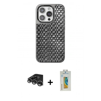 MARSİLYAN™- iPhone 14 Pro Max Kılıf Siluet Form Serisi - Siyah Polymer Nano Ekran Koruyucu + Raze Metal Kamera Lens - GS